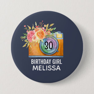 Boho Orange Camera & Flowers Watercolor Birthday 3 Inch Round Button