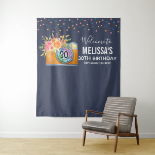 Boho Orange Camera & Flowers Watercolor Birthday Tapestry