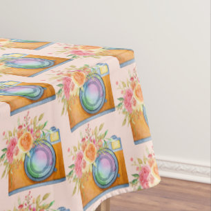 Boho Orange Camera & Flowers Watercolor Pattern Tablecloth
