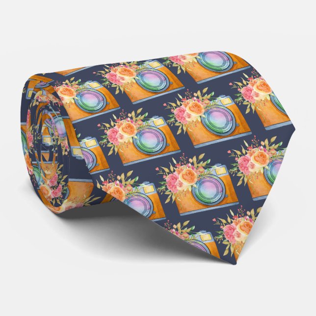 Boho Orange Camera & Flowers Watercolor Pattern Tie (Rolled)