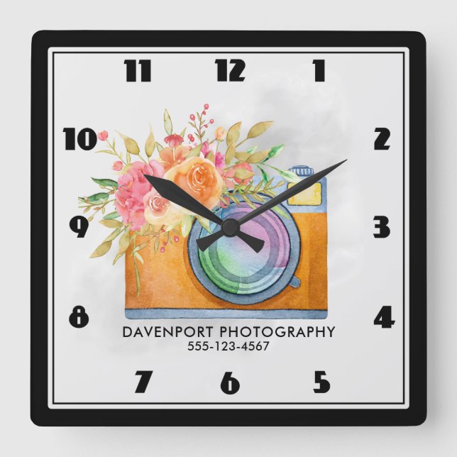 Boho Orange Camera & Flowers Watercolor Square Wall Clock (Front)
