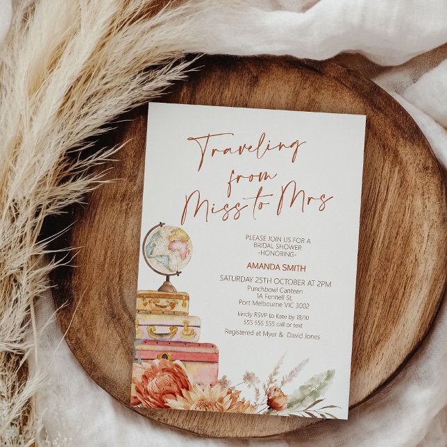 Boho Orange Fall Traveling Miss Mrs Bridal Shower Invitation (Fall Traveling for Miss To Mrs Bridal Shower Invitation Template, Miss To Mrs Invitation Autumn)