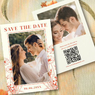 Boho Orange Floral Line Art 2 Photo QR Code  Save The Date