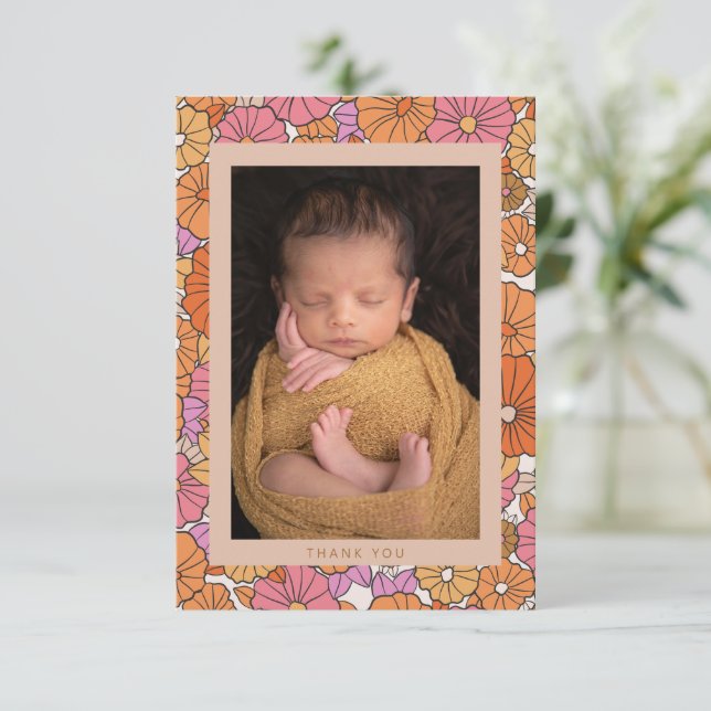 Boho Orange Floral Two Photo Baby Shower Message Thank You Card (Standing Front)