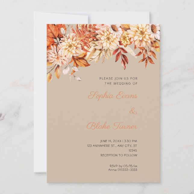 Boho Orange Floral Winter Dark Vanilla Wedding Invitation (Front)