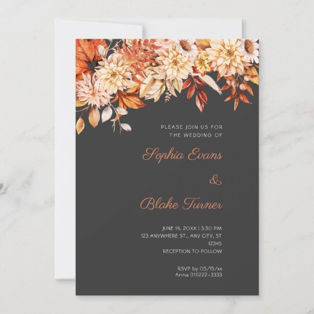 Boho Orange Floral Winter Pebble Grey Wedding Invitation (Front)