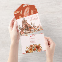 Boho Orange Flowers All In One Wedding Invitation