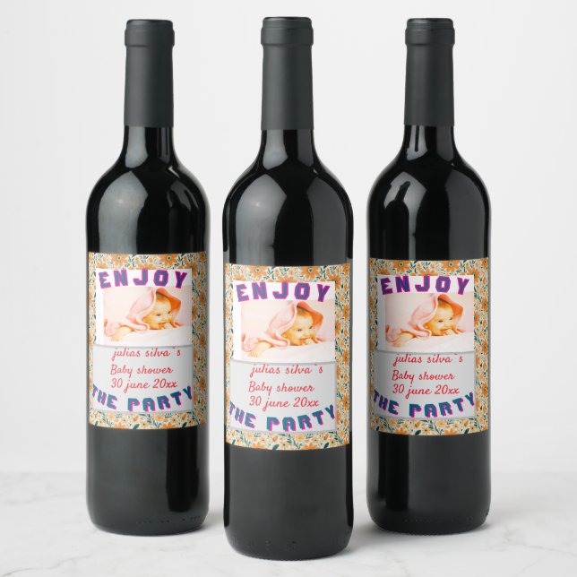 boho orange flowers baby shower  wine label (Bottles)