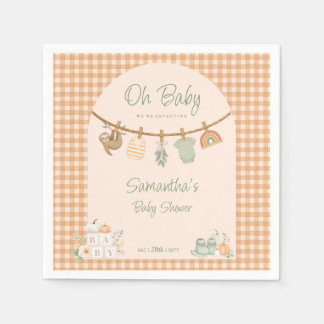 Boho Orange Gingham Clothesline Oh Baby Shower Napkin