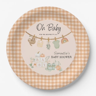 Boho Orange Gingham Clothesline Oh Baby Shower Paper Plate