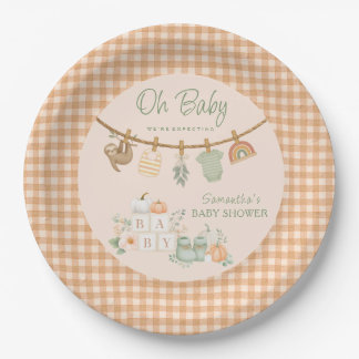 Boho Orange Gingham Clothesline Oh Baby Shower Paper Plate