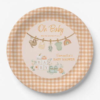 Boho Orange Gingham Clothesline Oh Baby Shower Paper Plate