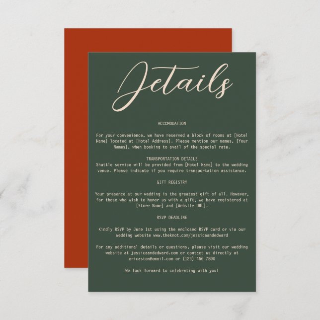 Boho Orange Green Wedding Details Qr Code Simple Enclosure Card (Front/Back)
