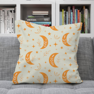 Boho orange moon ,stars and sparkles  pattern   throw pillow
