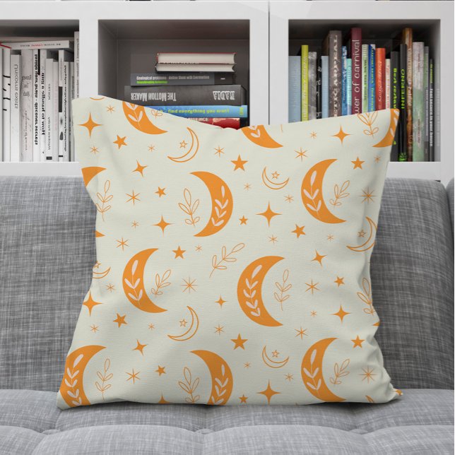 Boho orange moon ,stars and sparkles  pattern   throw pillow (Creator Uploaded)