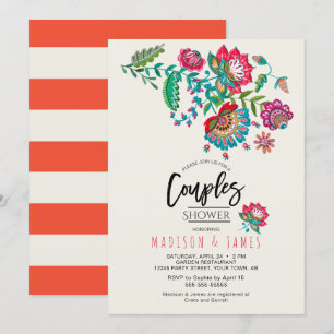 Boho Orange stripe Folk Flowers   Couples Shower Invitation