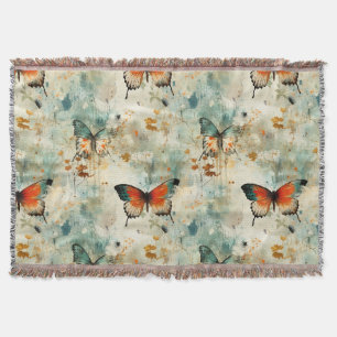 Boho Orange Teal Butterfly Wildflower Painterly Throw Blanket