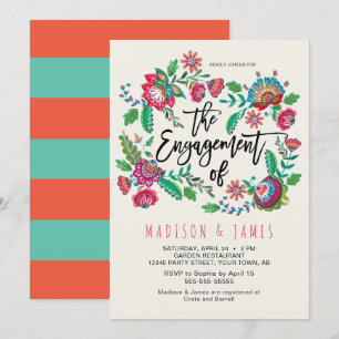 Boho Orange & Turquoise stripe Floral Engagement Invitation