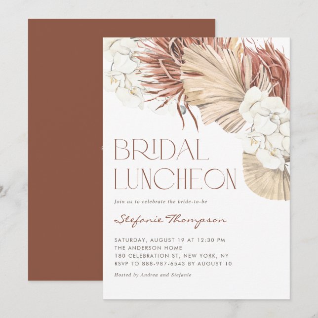 Boho Orchids and Dried Palm Leaves Bridal Luncheon Invitation (Front/Back)