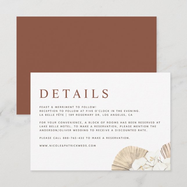 Boho Orchids and Dried Palm Leaves Wedding Details Enclosure Card (Front/Back)
