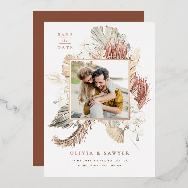 Boho Orchids and Dried Palm Photo Save the Date (Front/Back)
