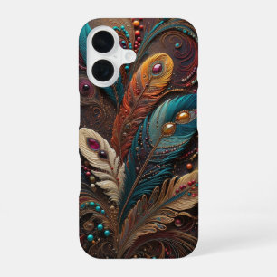 Boho Ornate Metallic Teal Orange Leather iPhone 16 Case