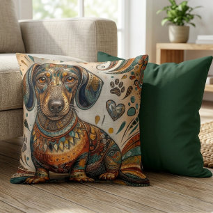 Boho Ornate Mosaic Dachshund Wiener Dog Throw Pillow