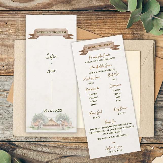 Boho Outdoor Rustic Tent Wedding Ceremony Program (Boho Outdoor Tent Wedding Program Card | Rustic Watercolor Camp Ceremony Order of Events Card)