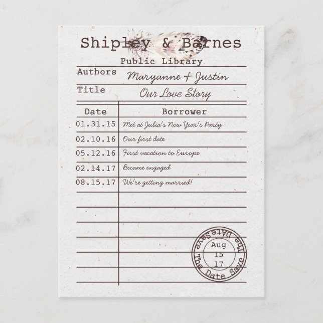 Boho Owl Feather Library Card Save The Date | (Front)