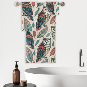Boho Owl Leaf Pattern Teal Rust Beige Bath Towel Set