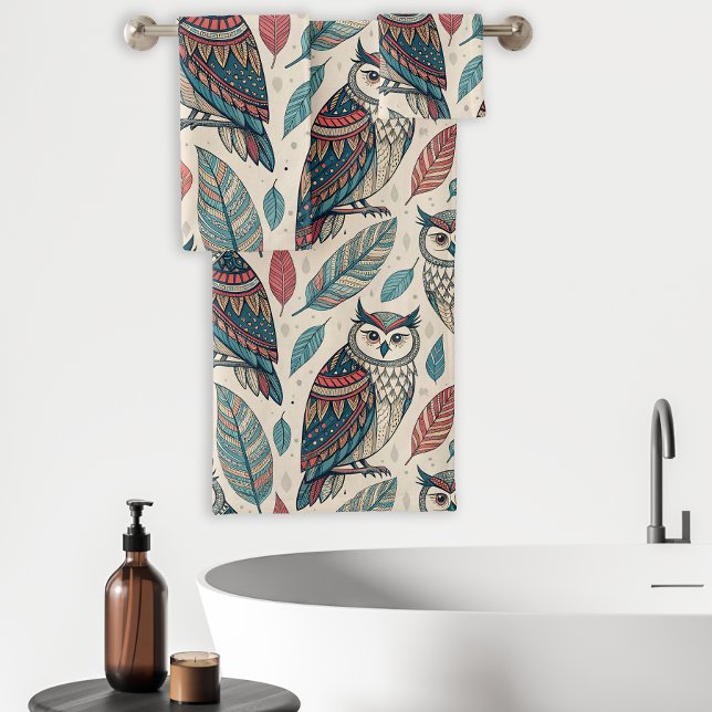 Boho Owl Leaf Pattern Teal Rust Beige Bath Towel Set (Creator Uploaded)