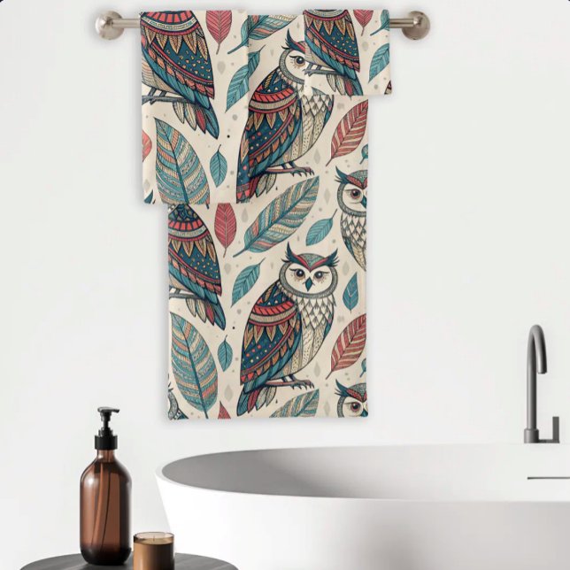 Boho Owl Leaf Pattern Teal Rust Beige Bath Towel Set (Creator Uploaded)