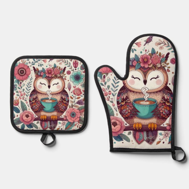 Boho Owl with a Cup of Coffee Pot Holders; Oven Mitt & Pot Holder Set (Front)