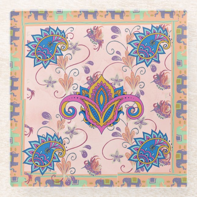 Boho paisley and elephant pattern_lmandala artwork glass coaster (Front)