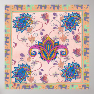 Boho paisley and elephant pattern_lmandala artwork poster