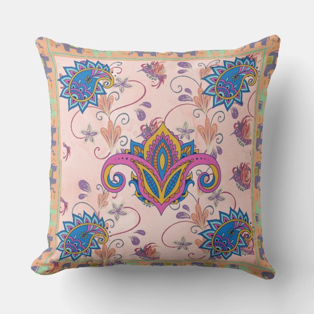 Boho paisley and elephant pattern_lmandala artwork throw pillow (Front)
