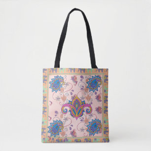 Boho paisley and elephant pattern_lmandala artwork tote bag