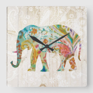 Boho Paisley Elephant II Square Wall Clock