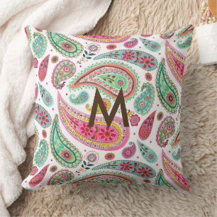 Boho Paisley Multicolor girly pattern monogram Throw Pillow
