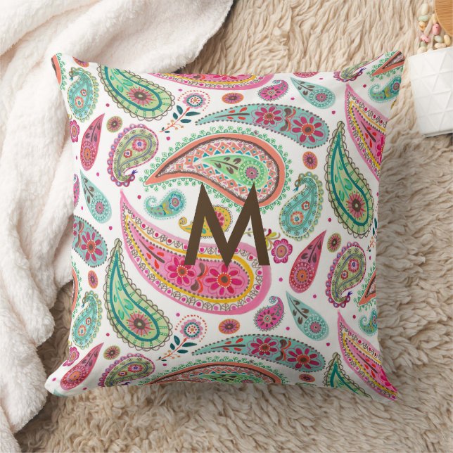Boho Paisley Multicolor girly pattern monogram  Throw Pillow (Blanket)