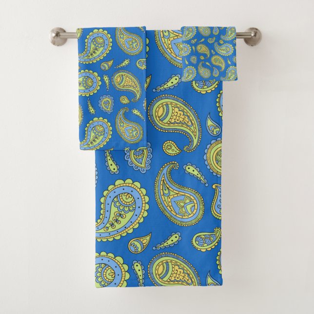 Boho Paisley Pattern Cerulean Blue & Yellow Green Bath Towel Set (Insitu)