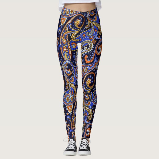 Boho Paisley Print Violet And Black Leggings (Front)