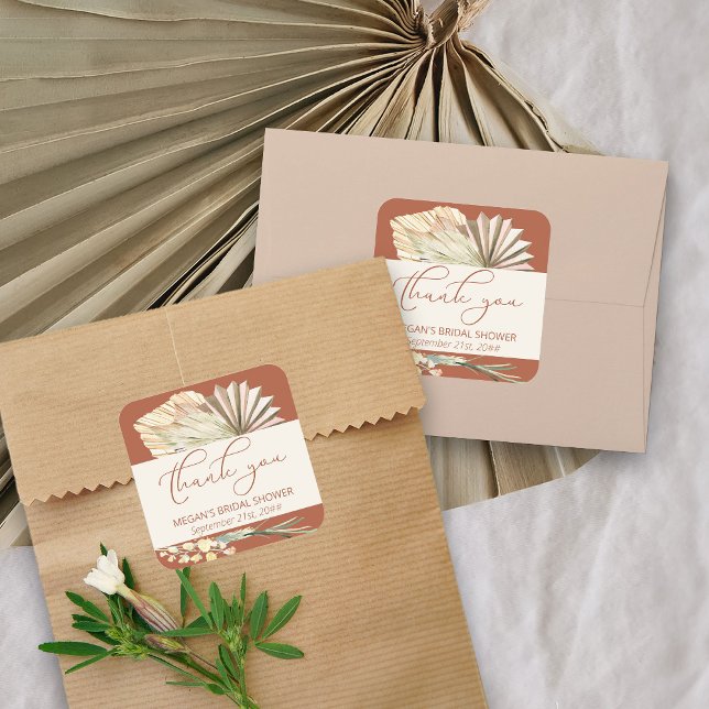 Boho Palm Dried Foliage Terracotta Thank You Square Sticker (Thank you stickers from my Boho Palm Bridal Shower Collection)