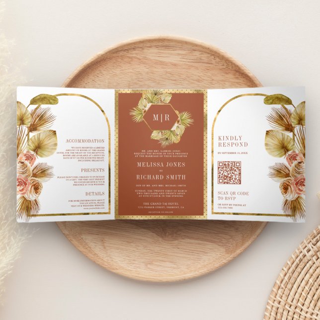 Boho Palm Earthy Floral Terracotta QR Code Wedding Tri-Fold Invitation (Creator Uploaded)
