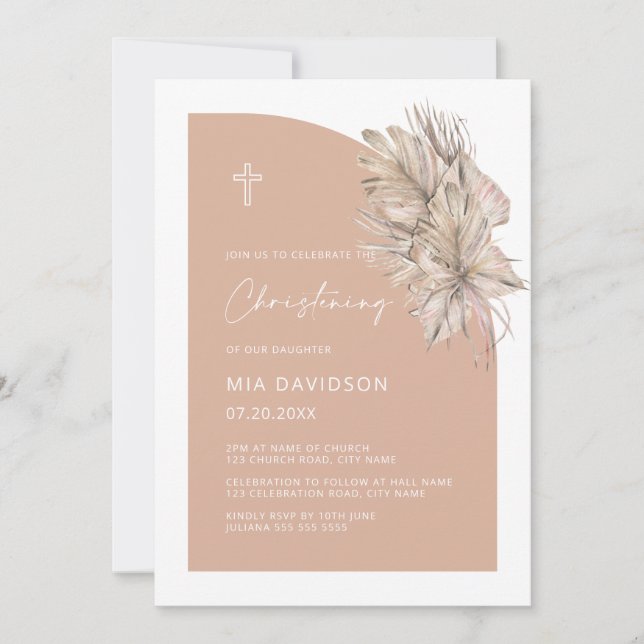  Boho Palm Half Arch Blush Pink Christening Invitation (Front)