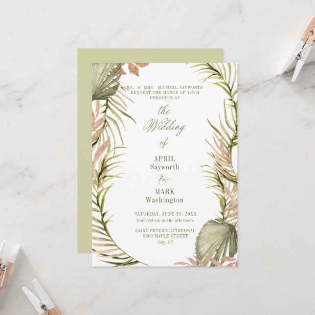 Boho Palm Leaf Greenery Wedding 2 Invitation (Front/Back In Situ)