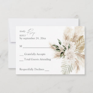 Boho Palm Leaf & Pampas & Beige Floral no Meal RSVP Card