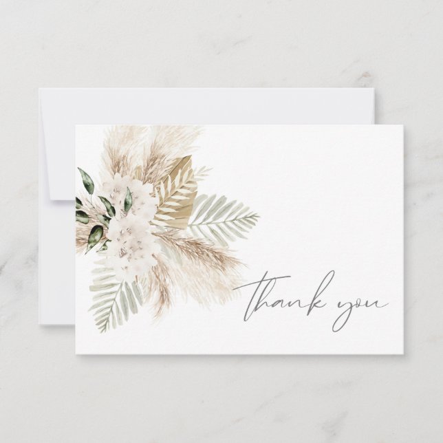 Boho Palm Leaf & Pampas Grass  & Beige Floral Thank You Card (Front)