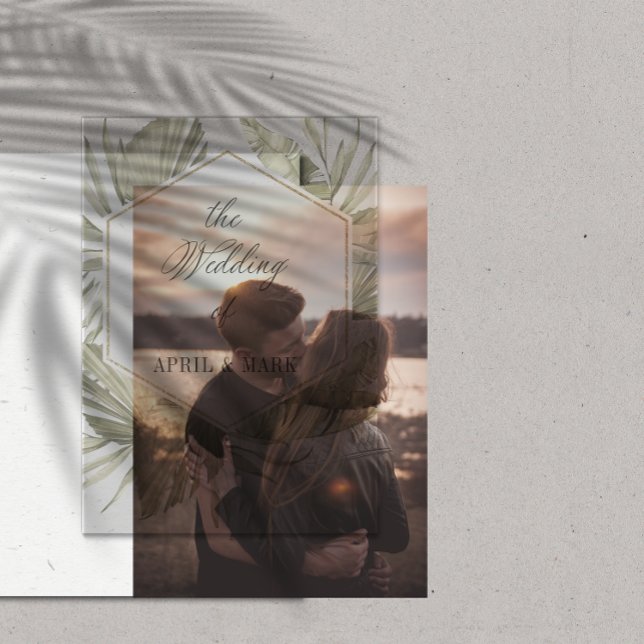 Boho Palm Leaf  Wedding Frame Vellum Invitations (Vellum overlay as it looks on photo invitation)