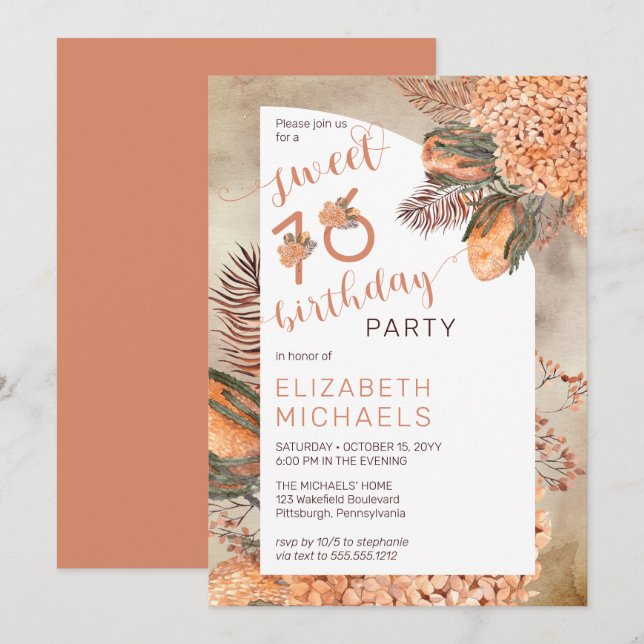 Boho Palm Leaves Hydrangea Sweet 16 Birthday Party Invitation (Front/Back)